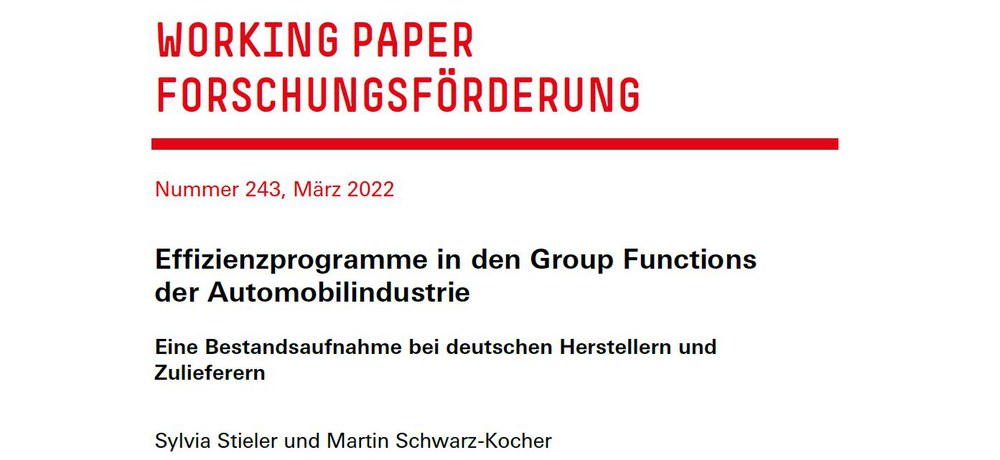 titelseite des Working Papers der Hans Böckler Stiftung "Effizienzprogramme in den Group Functions der Automobilindustrie"